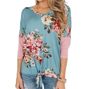 3/4 Sleeve Floral & Striped‎ Tie Top- Antique Blue